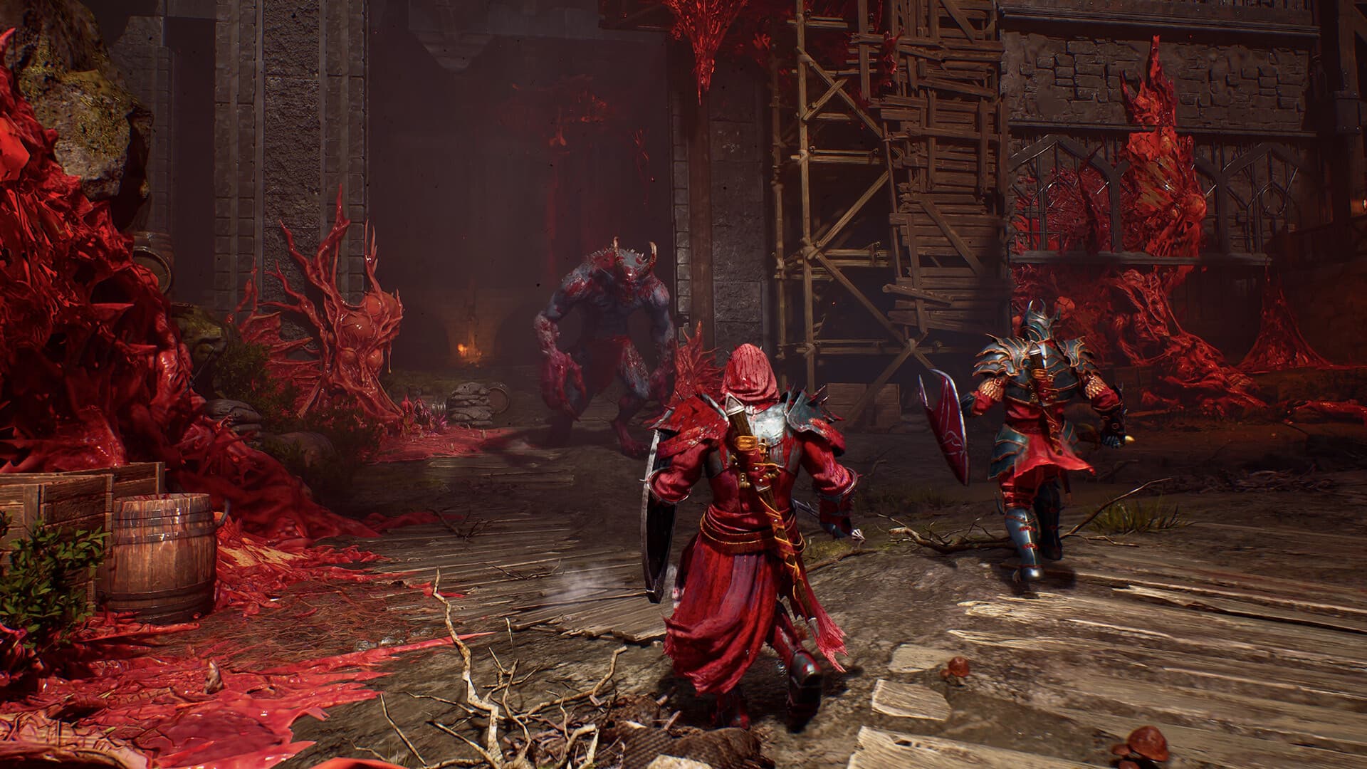 Two Crimson Moon players approach a monster in a corrupted street