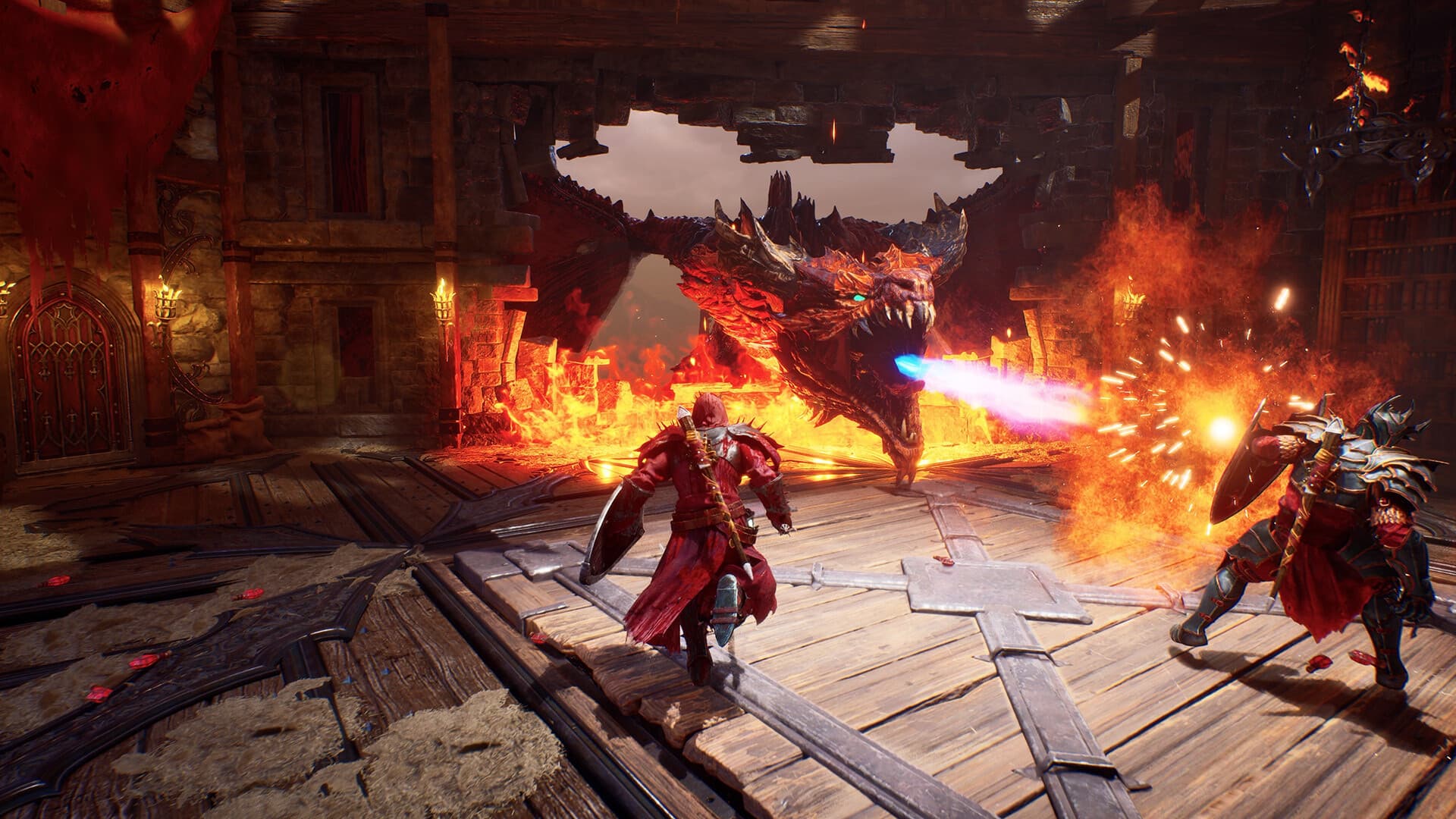 Two Crimson Moon players fighting a dragon