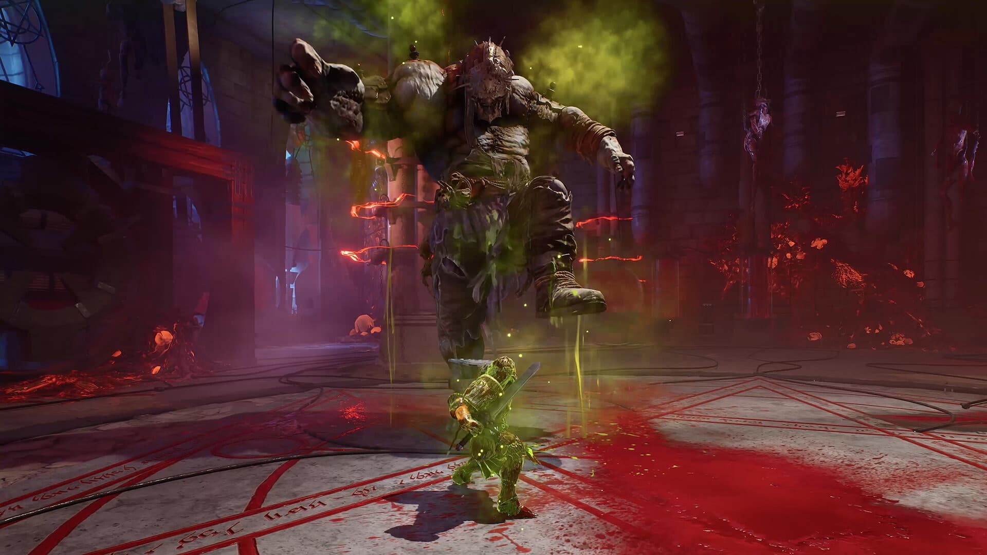 A Crimson Moon player uses a build against a giant enemy