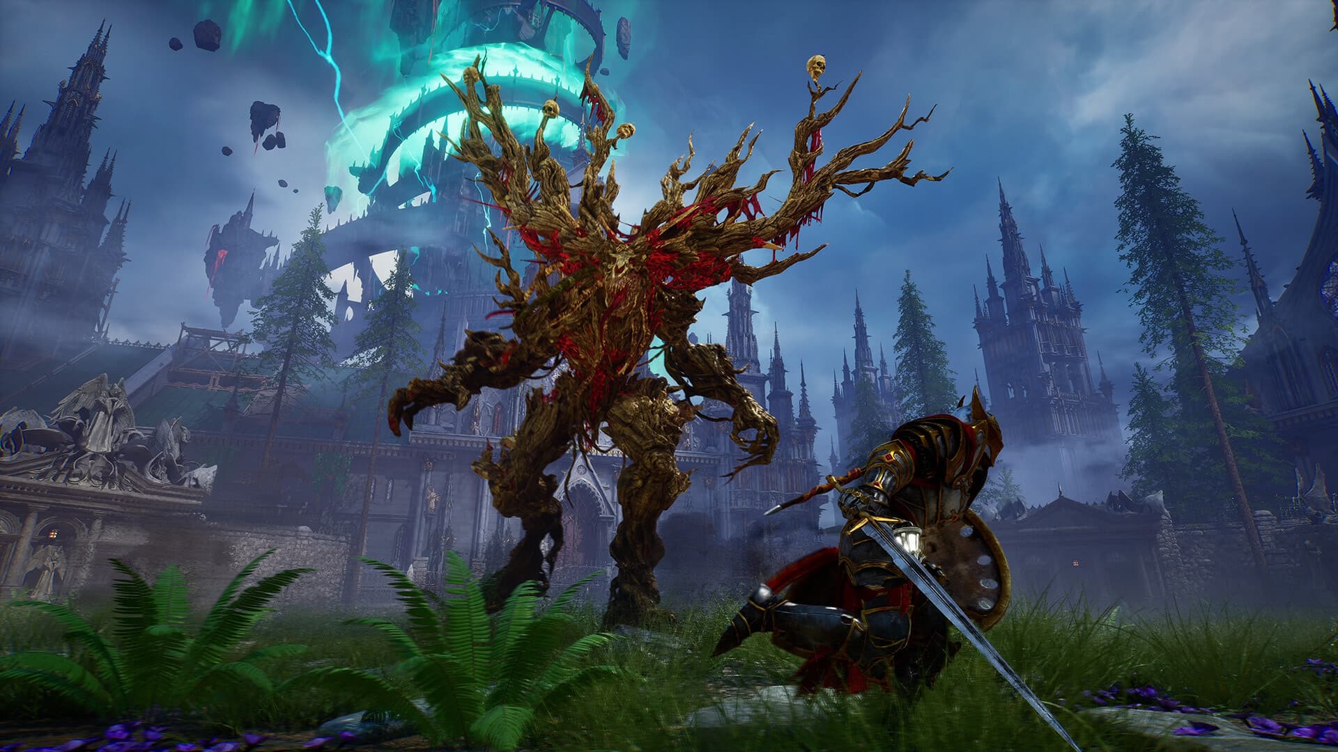 A Crimson Moon warrior faces a large monster in a gothic district