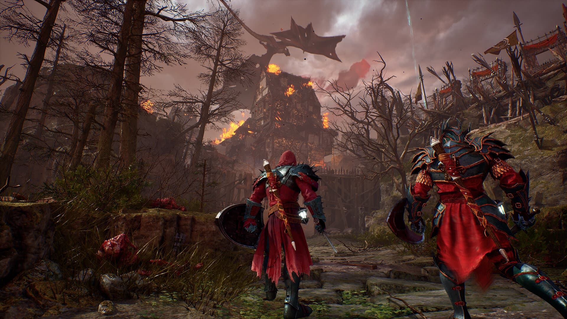 Crimson Moon players look toward a burning city
