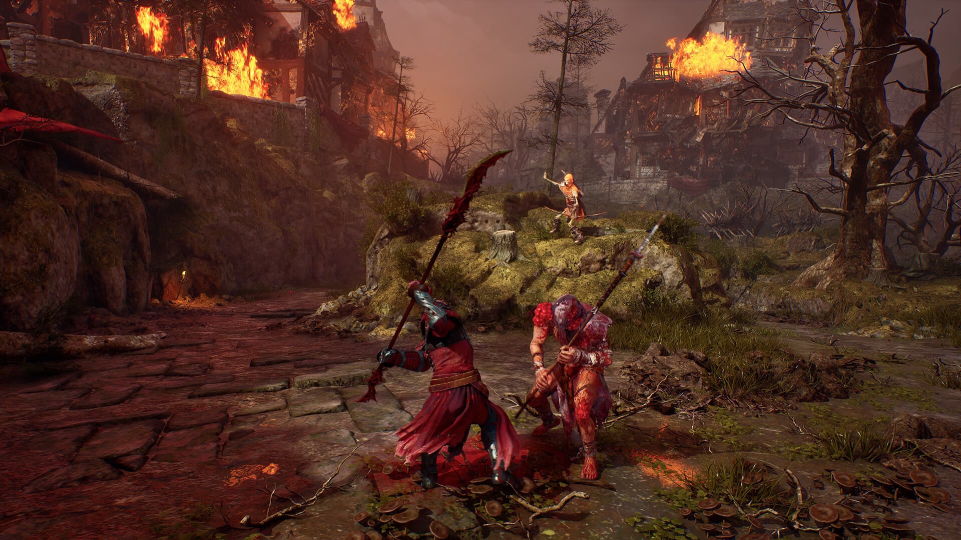 A Crimson Moon Nephilim fighting in a burning village